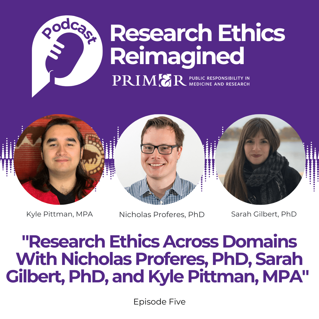 Research Ethics Reimagined Episode 4 "Researching Justice with Jim Greiner, PhD" Purple square with podcast logo and picture of Jim Greiner.