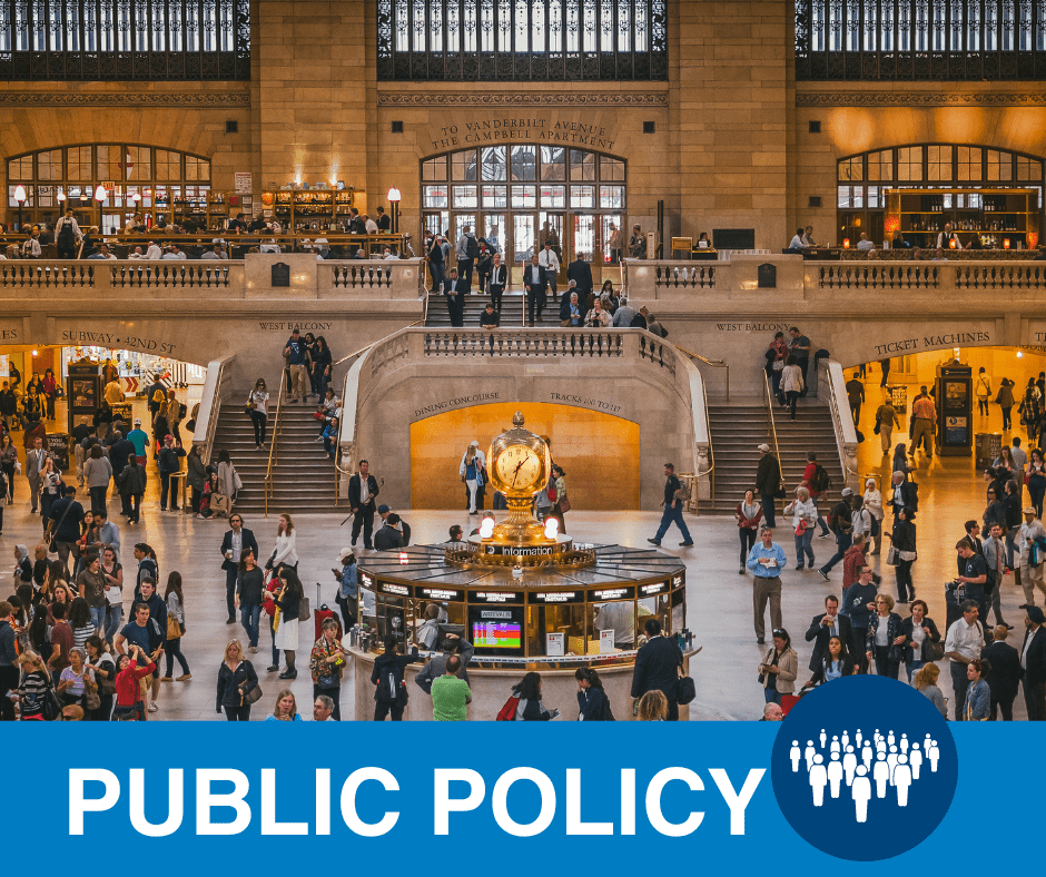 Far away image of people in a large room with multiple levels. Grand central station. This is a link to PRIM&R public policy page.